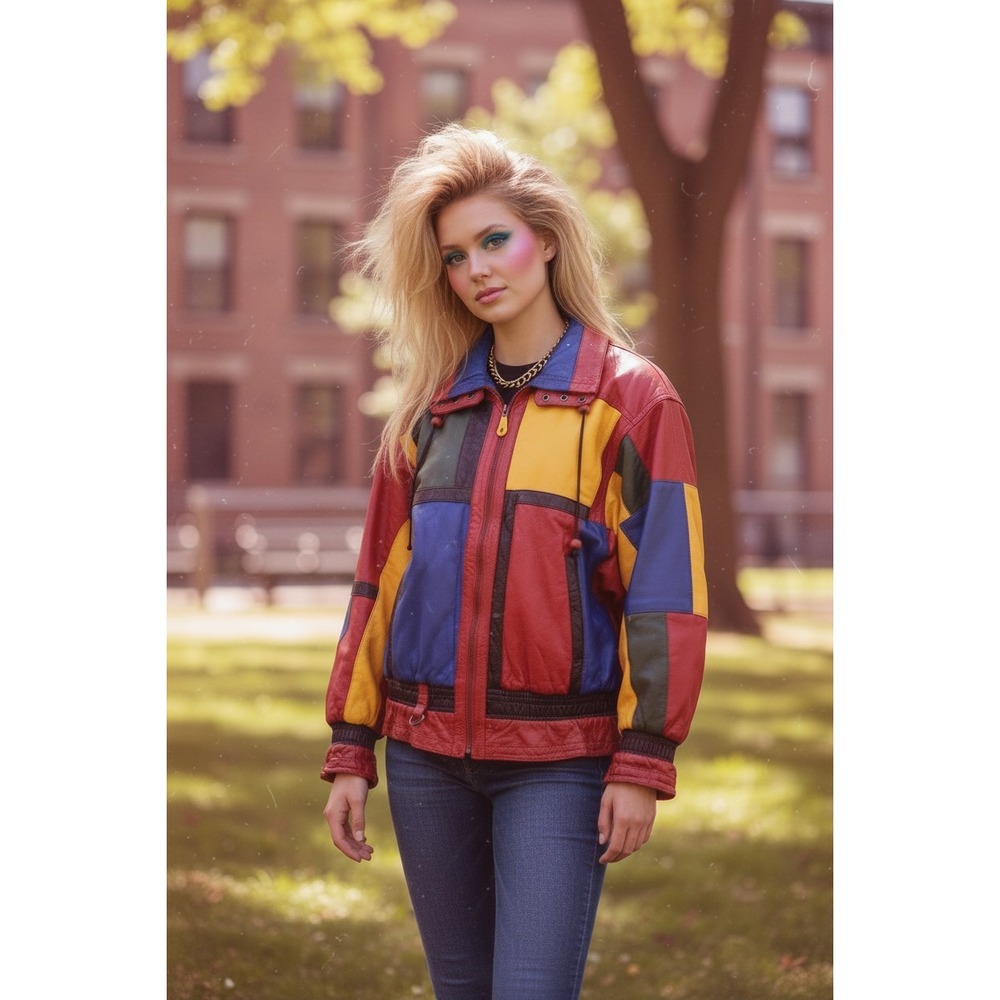 Vintage Mixed Blues Leather Jacket Woman Large Color Block‎ 80s 90s Retro Bold